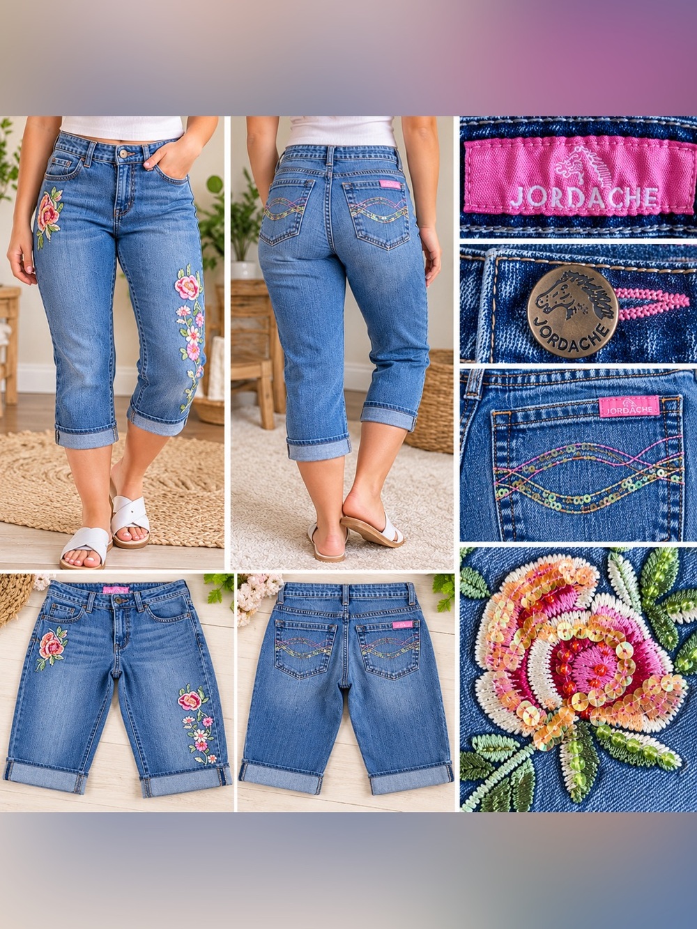 Jordache Y2K Floral Embroidered Sequin Capri Jeans Women’s Size 16